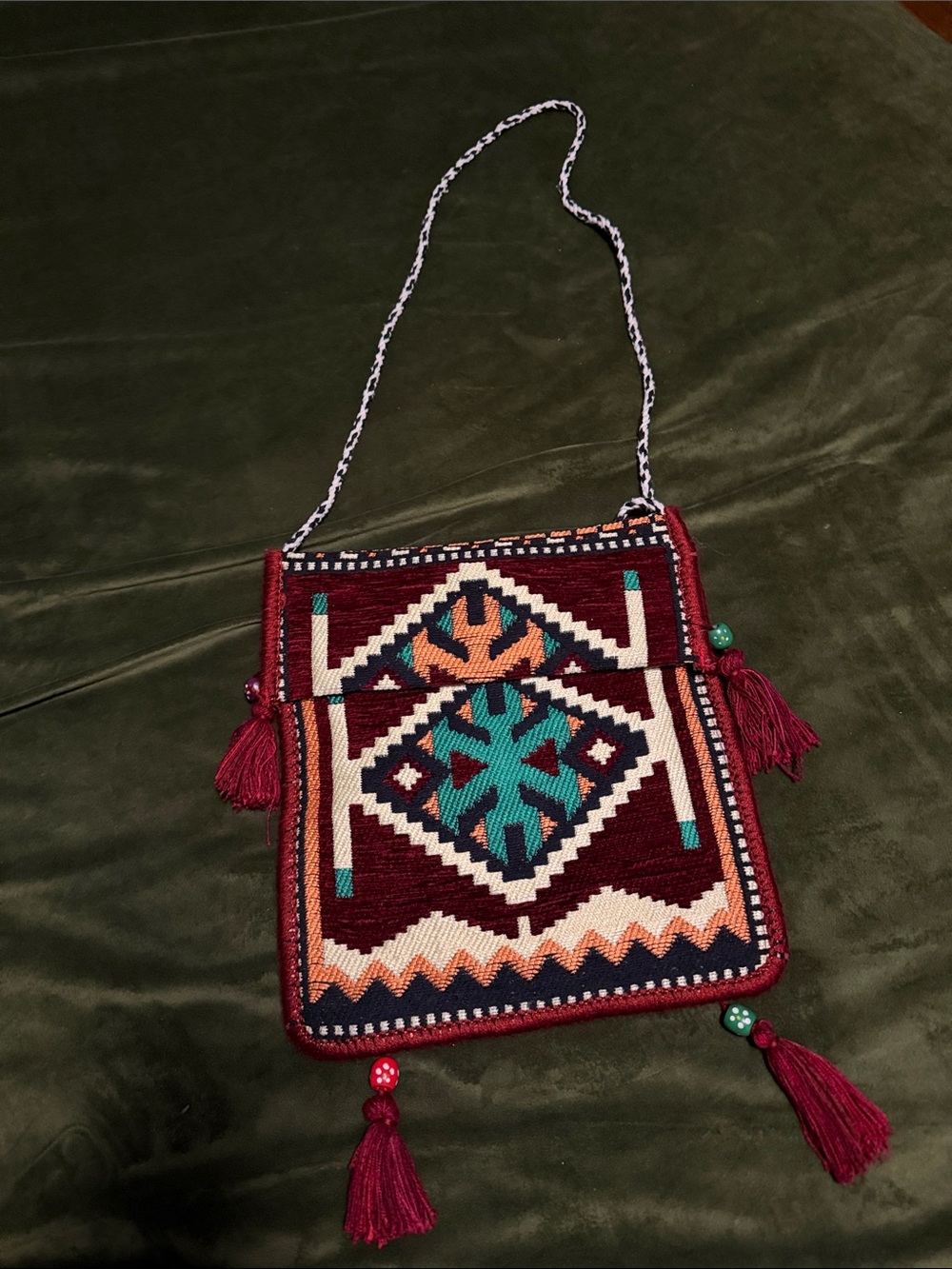 Handwoven Burgundy Aztec Crossbody Bag with Tassels